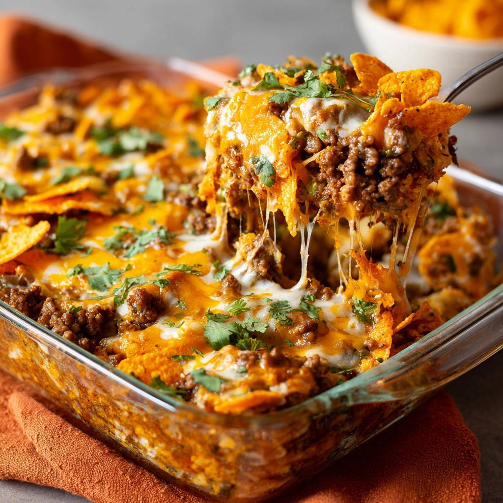 Mexikanischer Hackfleisch-Käse-Auflauf wird von einem Löffel gehoben, mit geschmolzenem Käse, Hackfleisch und Tortilla-Chips.