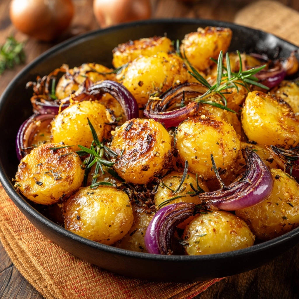 Ofenkartoffeln mit Rosmarin und roten Zwiebeln in einer Nahaufnahme, die die knusprige Kruste und die frischen Kräuter zeigt.