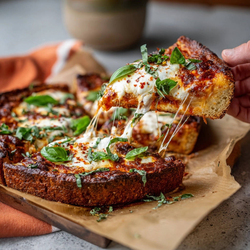 Perfekte Blumenkohl Kase Pizza Querschnitt 1 Perfekte Blumenkohl-Käse-Pizza mit geschmolzenem Käse, die durch einen Anschnitt sichtbar wird, belegt mit frischem Basilikum.