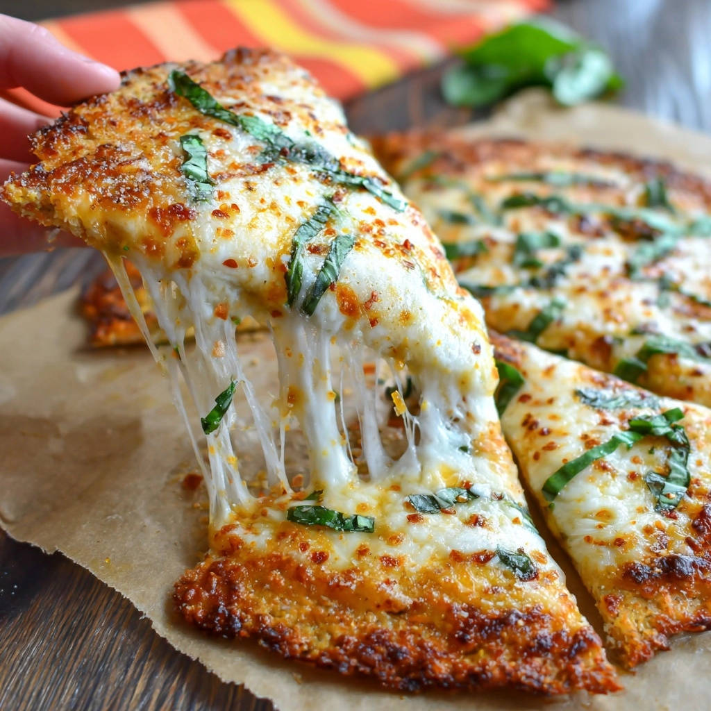 Perfekte Blumenkohl-Käse-Pizza mit einem Käse-Querschnitt, der köstliche, geschmolzene Käsefäden zeigt und zum Reinbeißen einlädt.