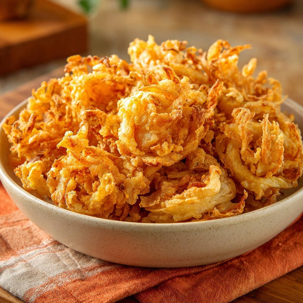 Perfekte Knusper-Zwiebeln, serviert in einer Schüssel. Diese Nahaufnahme zeigt die goldbraune, knusprige Textur der frittierten Zwiebeln.