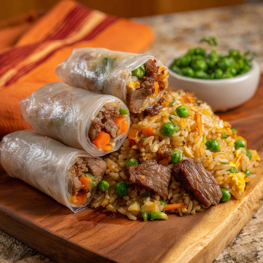 Rindfleisch Fried Rice Sommerrollen Nahaufnahme 1 Rindfleisch-Fried-Rice-Sommerrollen in Nahaufnahme, serviert mit gebratenem Reis und einer Schale Erbsen auf einem Holzbrett. Die Sommerrollen sind gefüllt mit Rindfleisch und Gemüse.