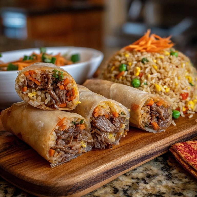 Rindfleisch-Fried-Rice-Sommerrollen im Nahaufnahme Querschnitt, der die köstliche Füllung aus Reis, Gemüse und Rindfleisch zeigt.