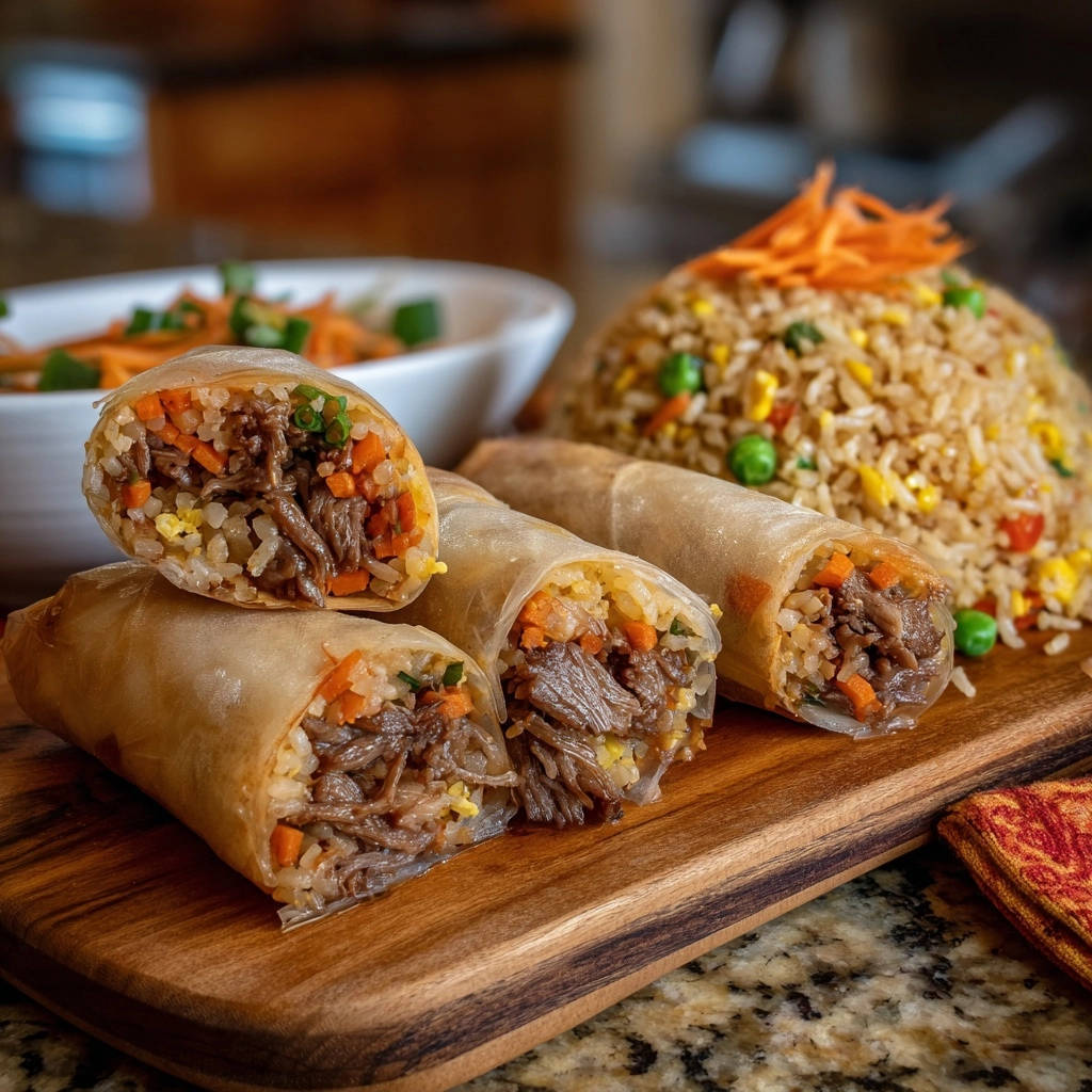 Rindfleisch-Fried-Rice-Sommerrollen im Nahaufnahme Querschnitt, der die köstliche Füllung aus Reis, Gemüse und Rindfleisch zeigt.