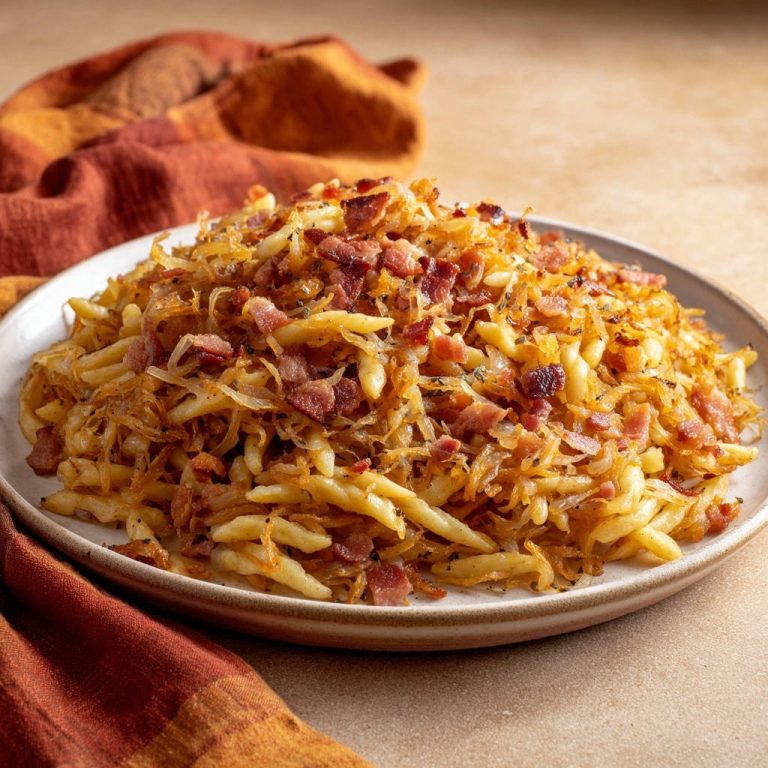 Rustikale Schupfnudeln mit krossem Speck und Zwiebeln, serviert auf einem Teller. Eine köstliche Draufsicht auf das herzhafte Gericht.