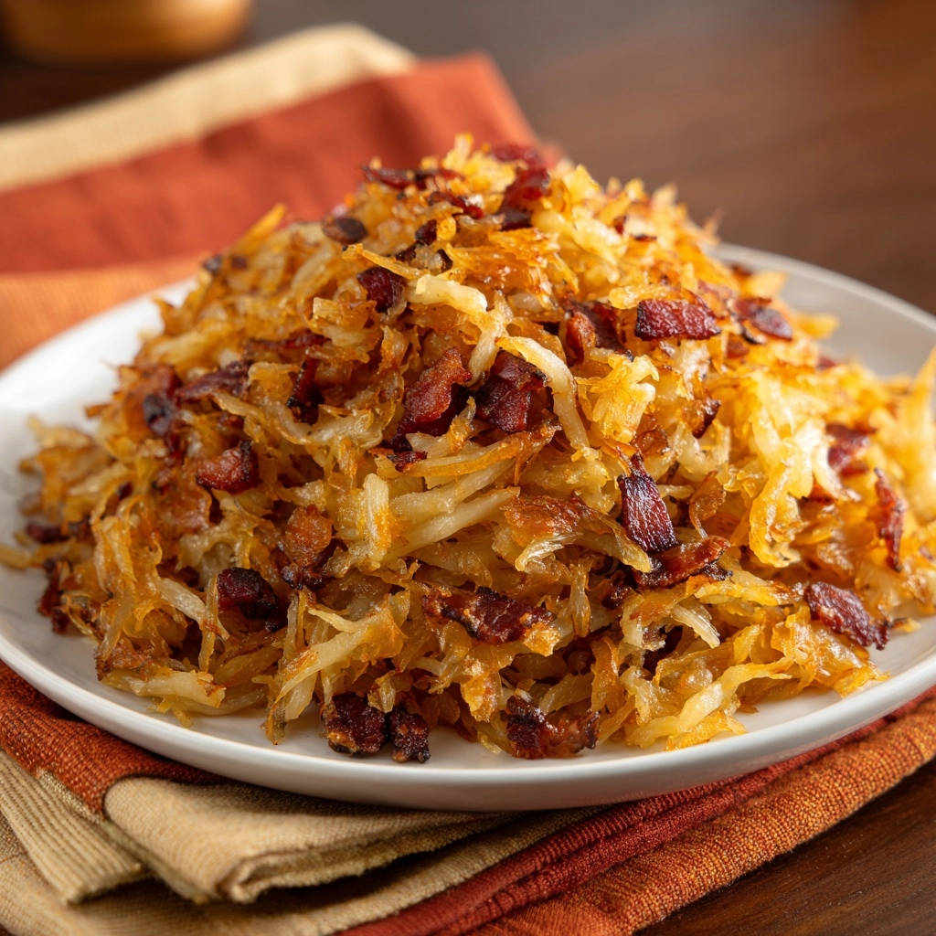 Rustikale Schupfnudeln mit krossem Speck und Zwiebeln, serviert auf einem weißen Teller, von oben fotografiert, mit knusprigem Speck und goldbraunen Zwiebeln.