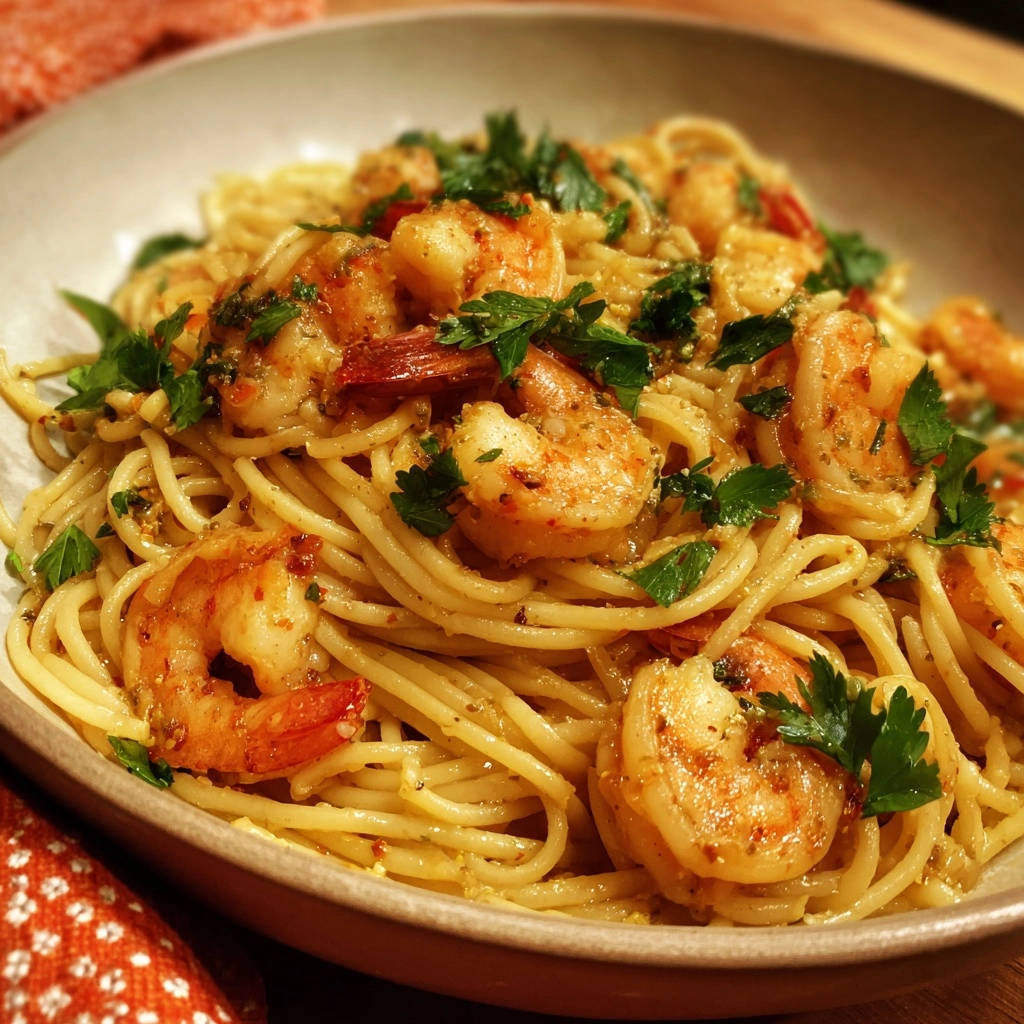 Saftige Garnelen-Spaghetti mit Zitrone und Petersilie aus nächster Nähe. Die Garnelen sind perfekt gebraten und mit frischer Petersilie garniert.