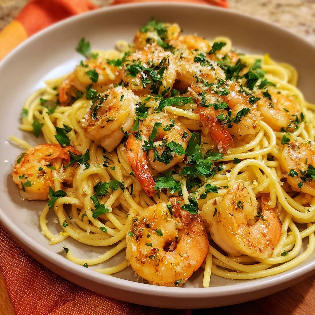 Saftige Garnelen-Spaghetti mit Zitrone und Petersilie, serviert in einer eleganten Schüssel, garniert mit frischer Petersilie, aus der Vogelperspektive.