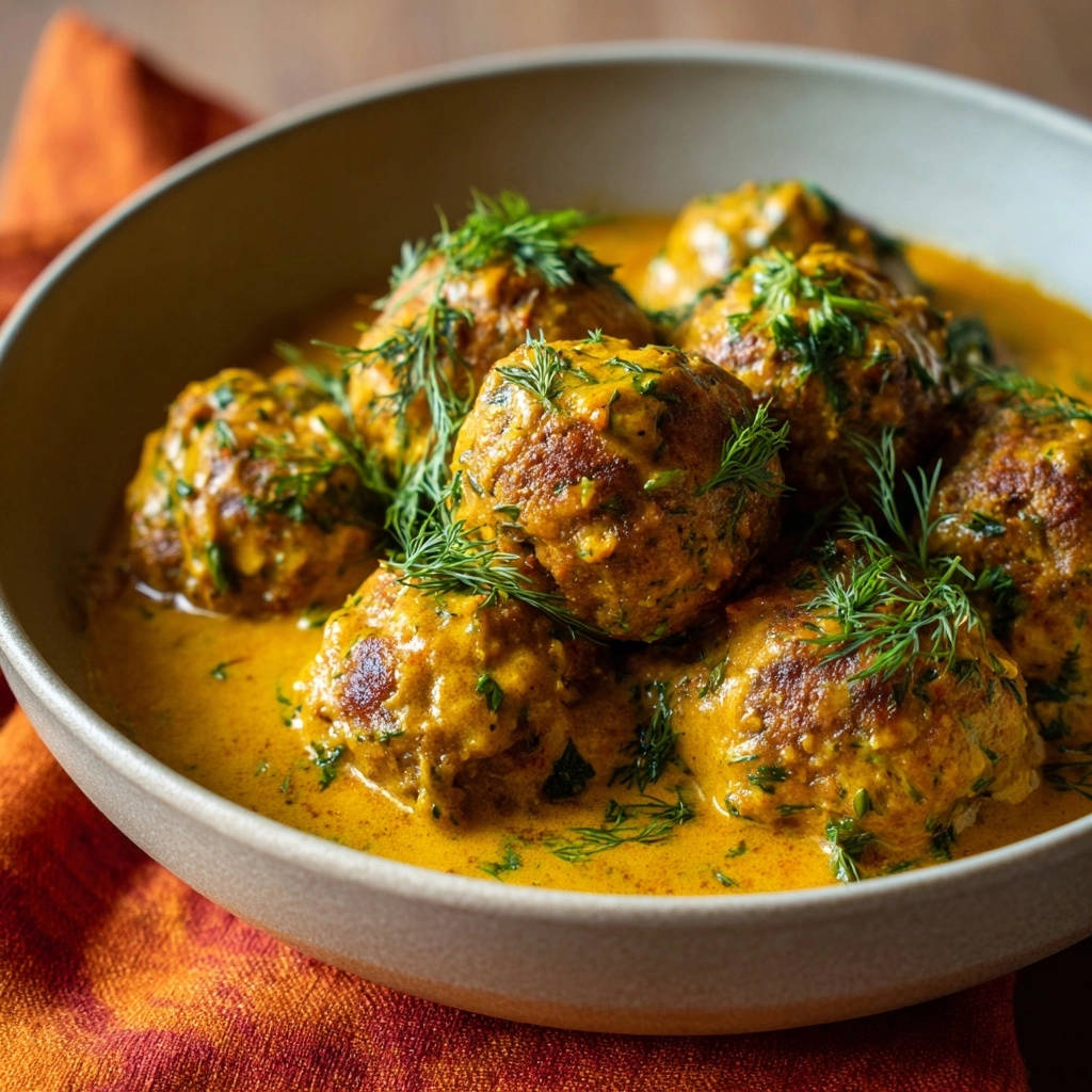Saftige Hackballchen In Cremesosse Nahaufnahme 1 Saftige Hackbällchen in Cremesoße werden in einer Nahaufnahme gezeigt, garniert mit frischem Dill. Die cremige Soße umhüllt die Hackbällchen.