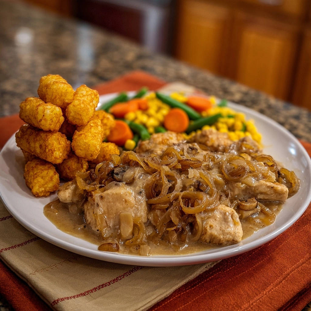Saftige Hähnchen-Zwiebel-Pfanne serviert auf einem Teller mit Tater Tots und Gemüse, eine köstliche Mahlzeit.