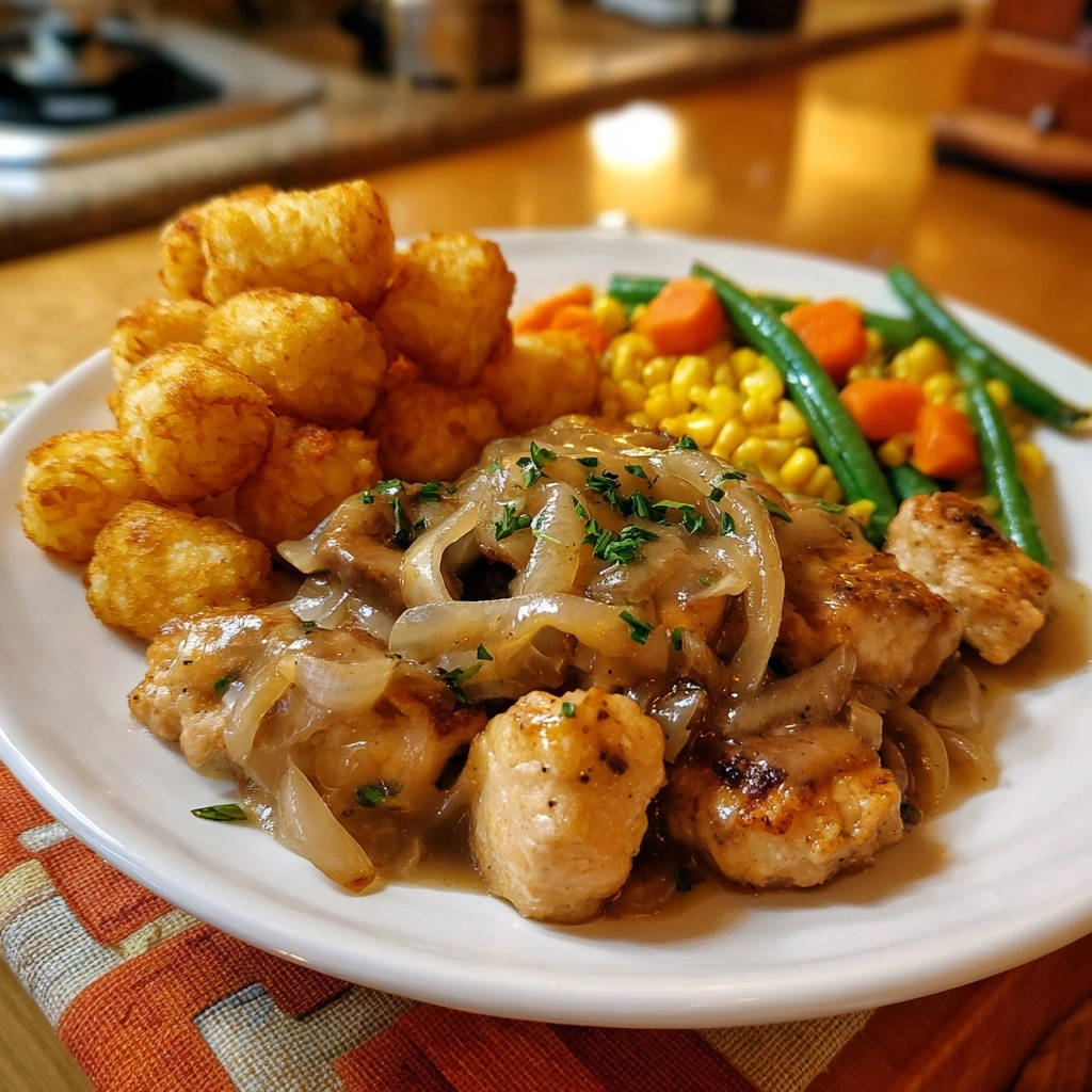 Saftige Hähnchen-Zwiebel-Pfanne serviert auf einem weißen Teller, serviert mit Kartoffelpuffern und buntem Gemüse.
