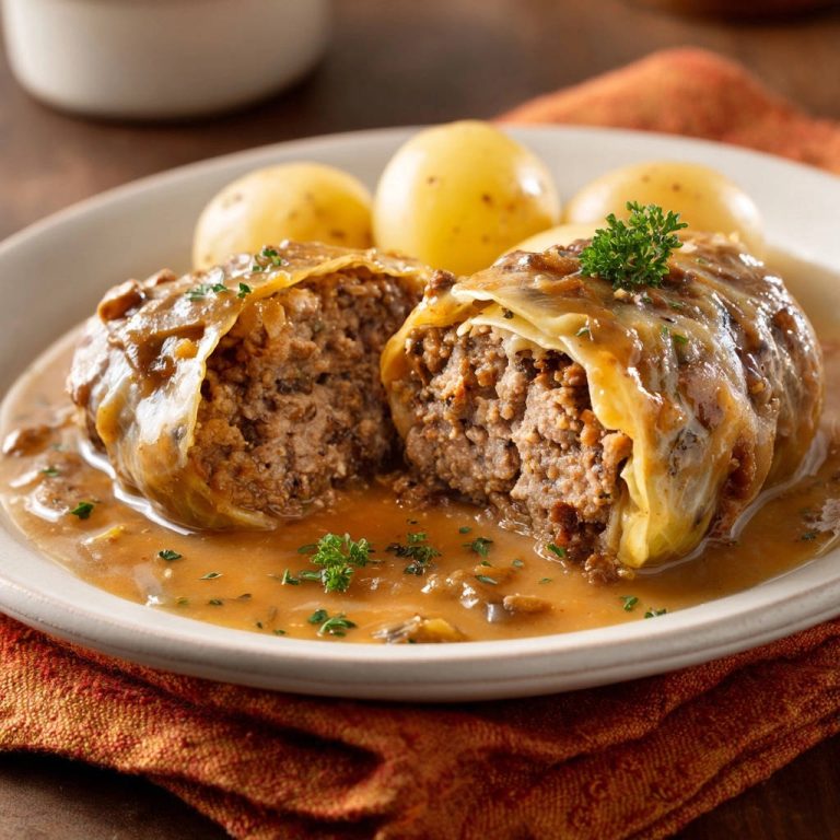 Saftige Kohlrouladen serviert auf einem Teller: Ein Nahaufnahme-Querschnitt zeigt das saftige Hackfleisch und die Soße.