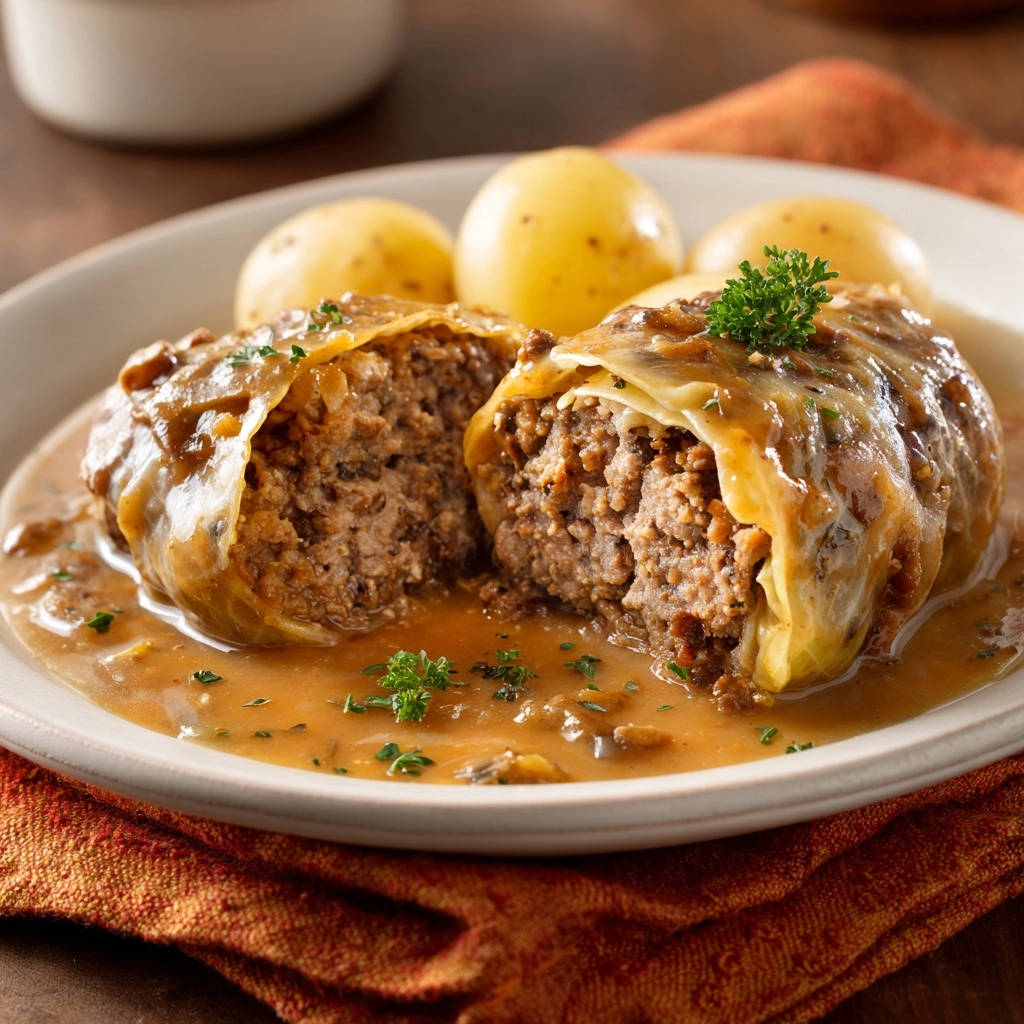 Saftige Kohlrouladen serviert auf einem Teller: Ein Nahaufnahme-Querschnitt zeigt das saftige Hackfleisch und die Soße.