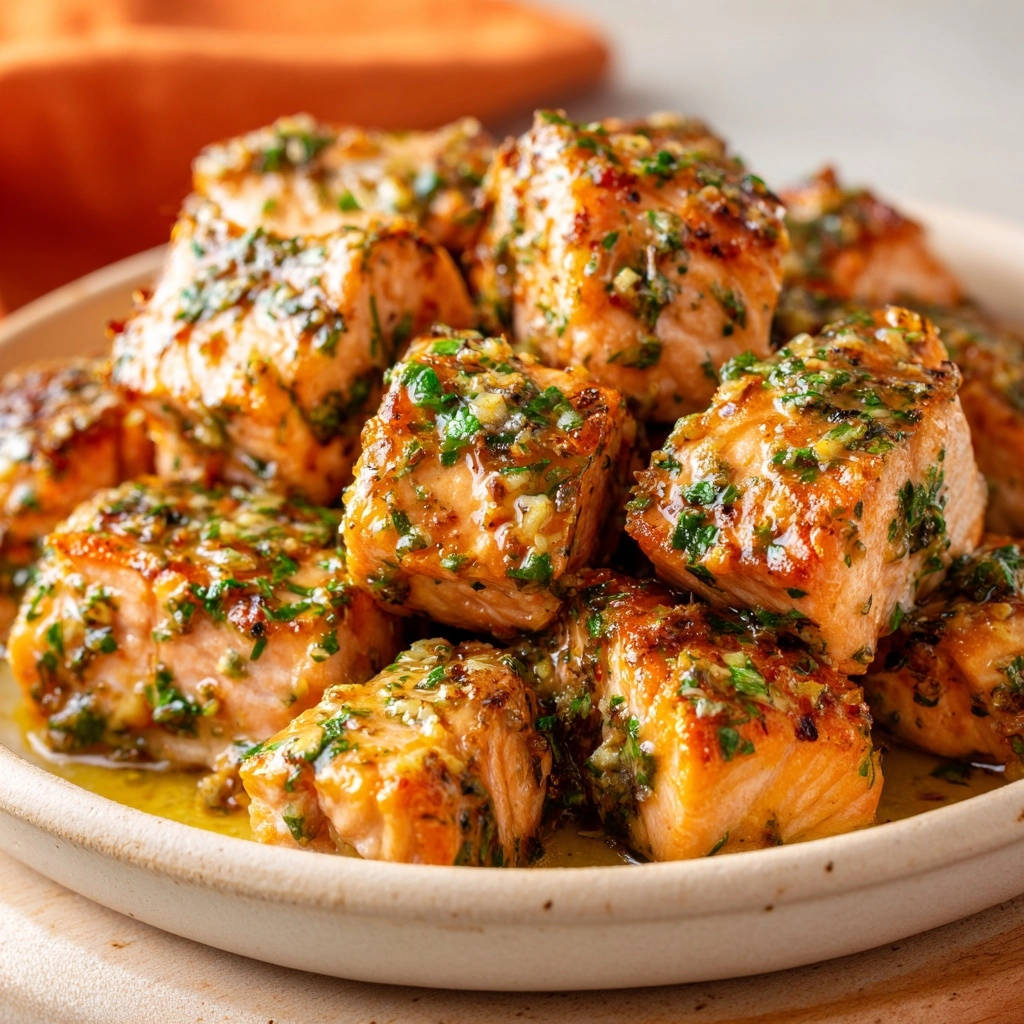 Saftige Lachs-Häppchen mit Knoblauch-Kräuter-Marinade in einer Nahaufnahme, serviert auf einem cremefarbenen Teller, draufsicht. Der Lachs ist butterzart und blitzschnell zubereitet.
