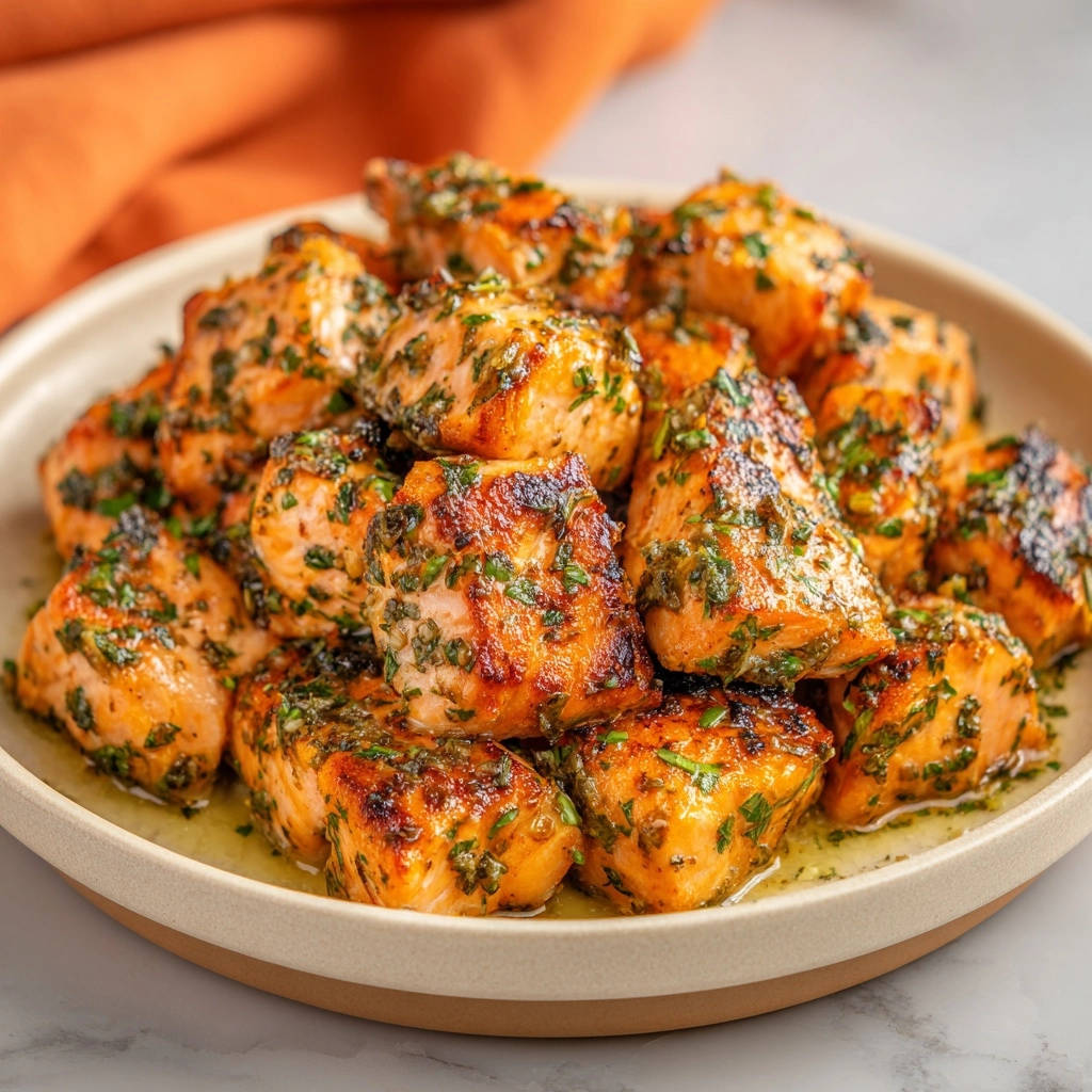 Saftige Lachs-Häppchen mit Knoblauch-Kräuter-Marinade, serviert auf einem Teller von oben, die butterzarten Lachsstücke sind appetitlich angeordnet.