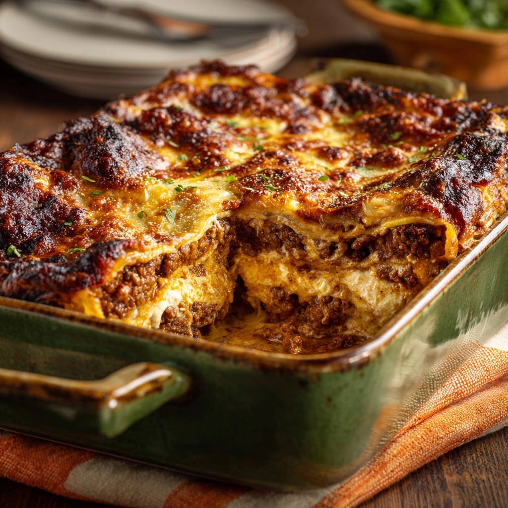 Saftige Ofen-Lasagne mit perfekter Kruste zeigt hier einen köstlichen Querschnitt, der die geschichteten Schichten und die goldbraune Kruste offenbart.
