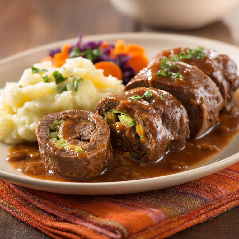 Saftige Rinderrouladen nach Omas Art, serviert mit Sauce und Beilagen, zeigen einen appetitlichen Querschnitt mit Gemüsefüllung.