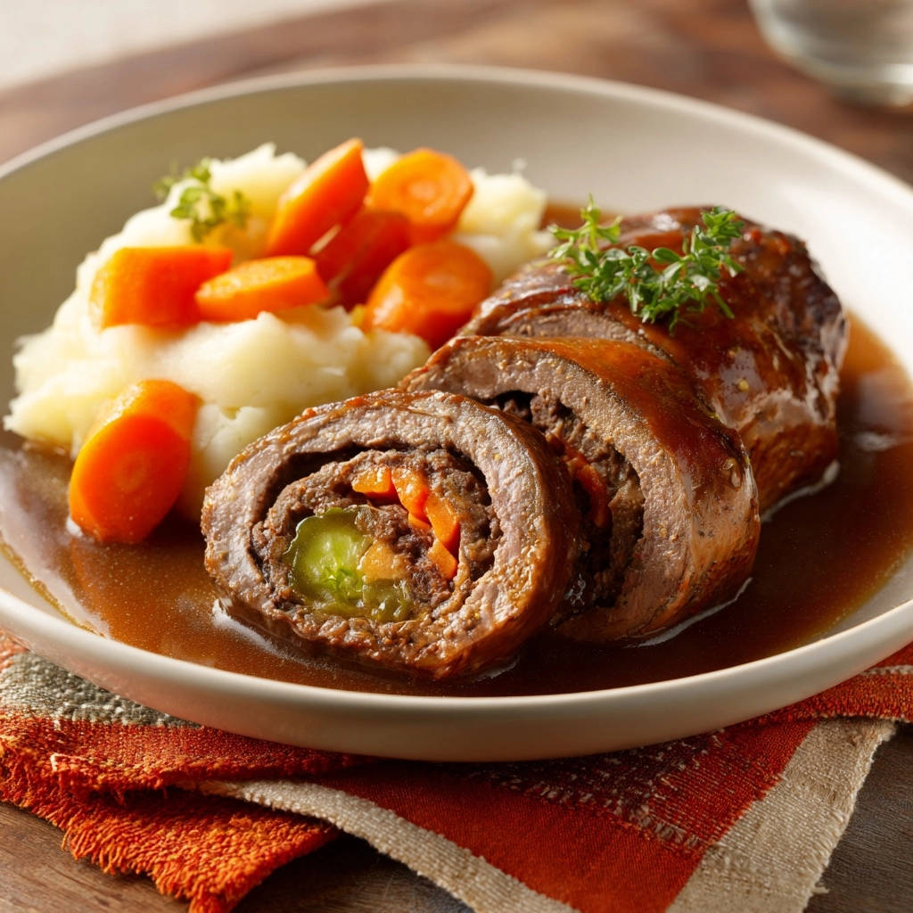 Saftige Rinderrouladen nach Omas Art mit einem appetitlichen Querschnitt, der die saftige Füllung mit Gemüse zeigt.