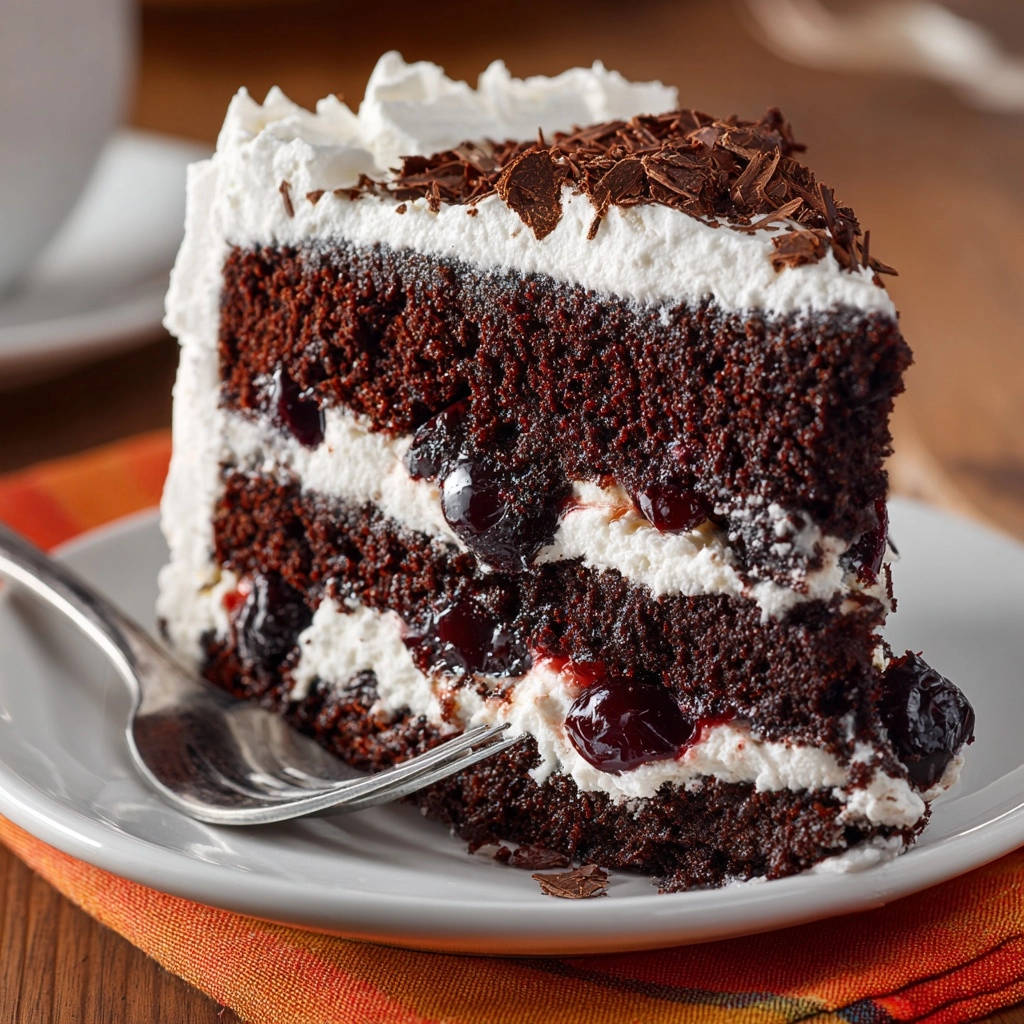 Saftige Schwarzwälder Kirschtorte: Ein köstlicher Querschnitt zeigt die saftigen Schichten mit Kirschen und Sahne, serviert auf einem Teller.