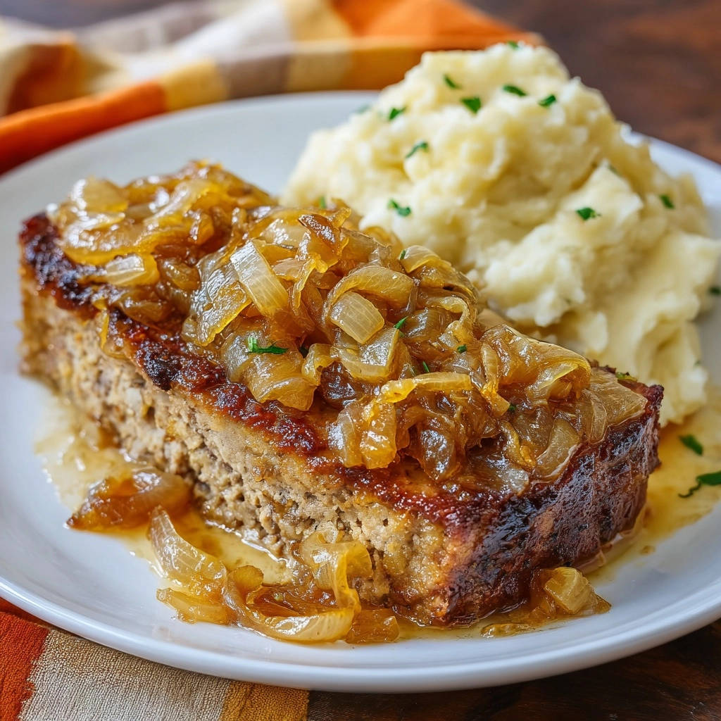 Saftiger Hackbraten Mit Karamellisierten Zwiebeln Serviert 1 2 Saftiger Hackbraten mit karamellisierten Zwiebeln serviert auf einem Teller mit cremigen Kartoffelpüree und karamellisierten Zwiebeln.