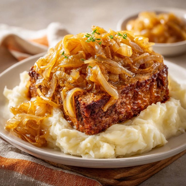 Saftiger Hackbraten mit karamellisierten Zwiebeln serviert auf einem Bett aus cremigen Kartoffelpüree, verziert mit frischen Kräutern.