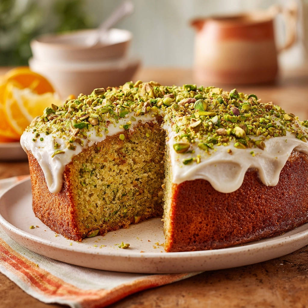 Saftiger Pistazien Zitronen Kuchen Querschnitt 1 Saftiger Pistazien-Zitronen-Kuchen mit einem cremigen Guss, der eine saftige Innenansicht des Kuchens zeigt, garniert mit gehackten Pistazien.