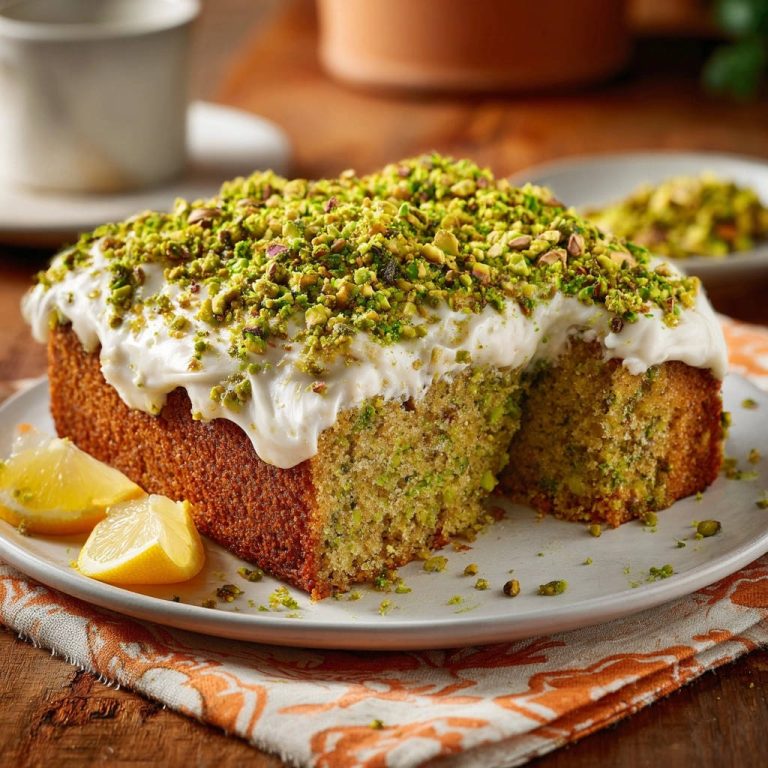 Saftiger Pistazien-Zitronen-Kuchen mit einem cremigen Frosting, das einen verlockenden Querschnitt des saftigen Kuchens zeigt.