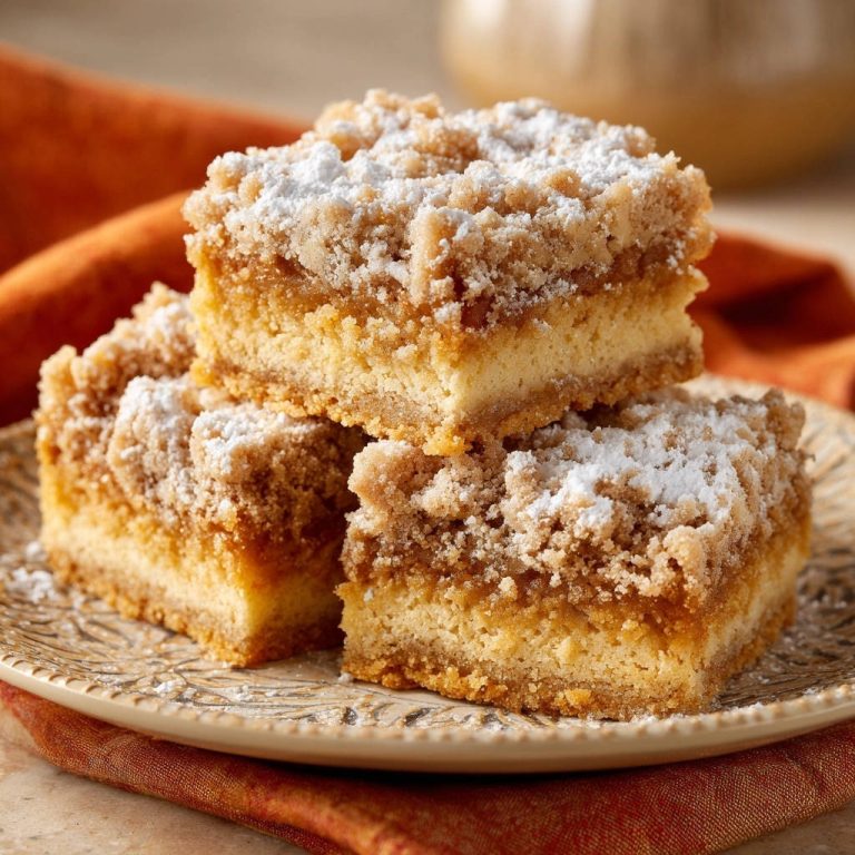 Saftiger Streuselkuchen mit Herbstfüllung ist hier gestapelt auf einem Teller zu sehen, mit Puderzucker bestäubt und bereit zum Genießen.