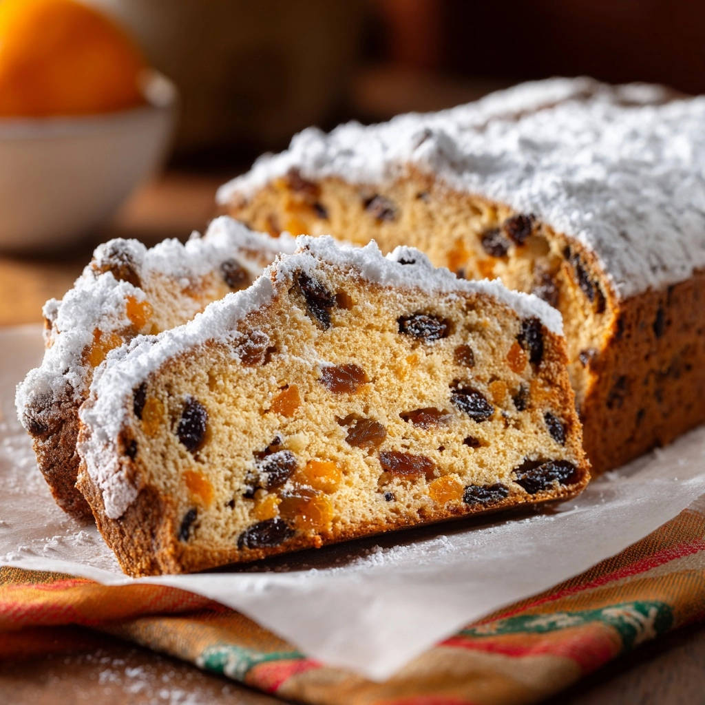 Saftiger Weihnachtsstollen Querschnitt 1 Saftiger Weihnachtsstollen in Nahaufnahme, mit einem Blick auf den fruchtigen Querschnitt und die Puderzuckerhaube. Ein Genuss für die Festtage.