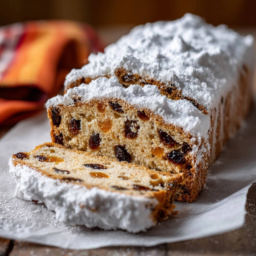 Saftiger Weihnachtsstollen in Nahaufnahme: Ein detailreicher Querschnitt zeigt die saftige Krume und die Früchte. Ideal für die Festtage!