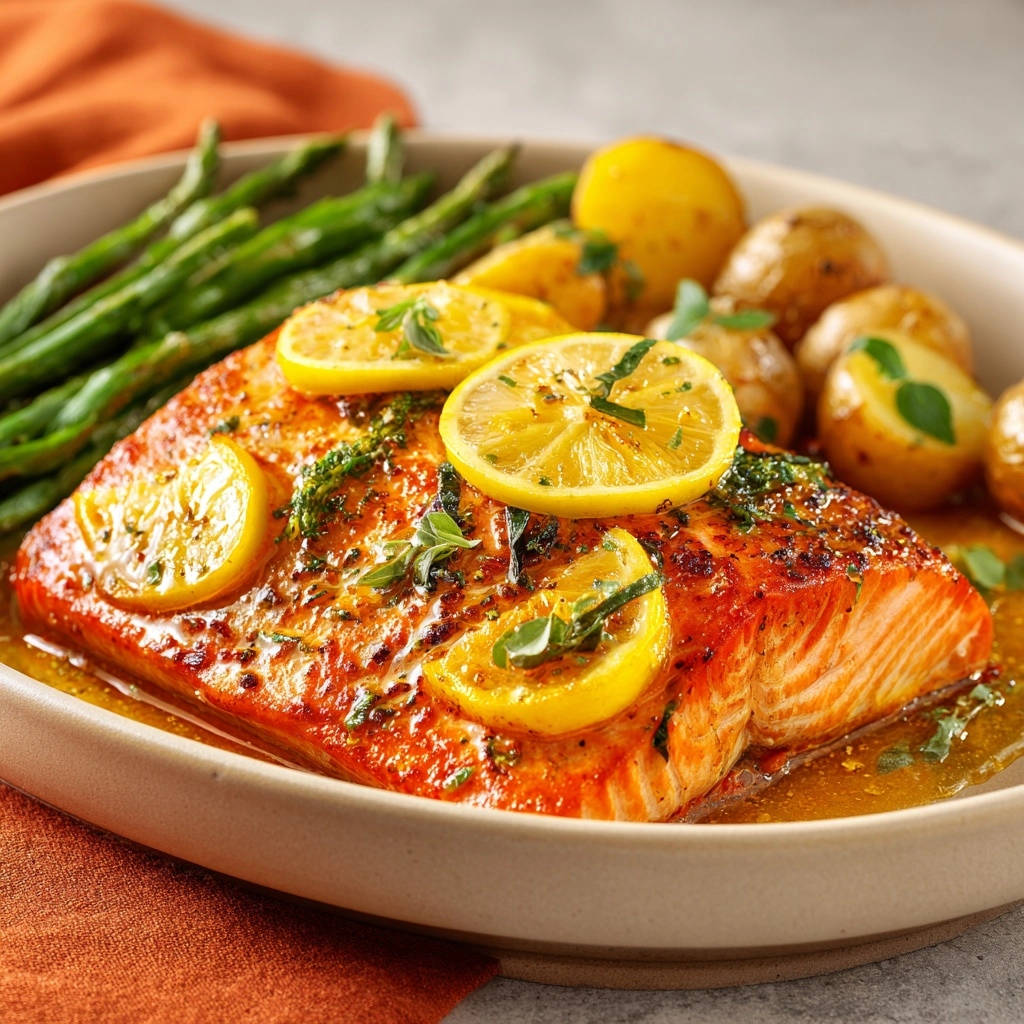 Saftiger Zitronen Kraeuter Lachs Serviert 1 Saftiger Zitronen-Kräuter-Lachs serviert mit Ofenkartoffeln und grünen Bohnen, garniert mit Zitronenscheiben und Kräutern, angerichtet auf einem Teller.
