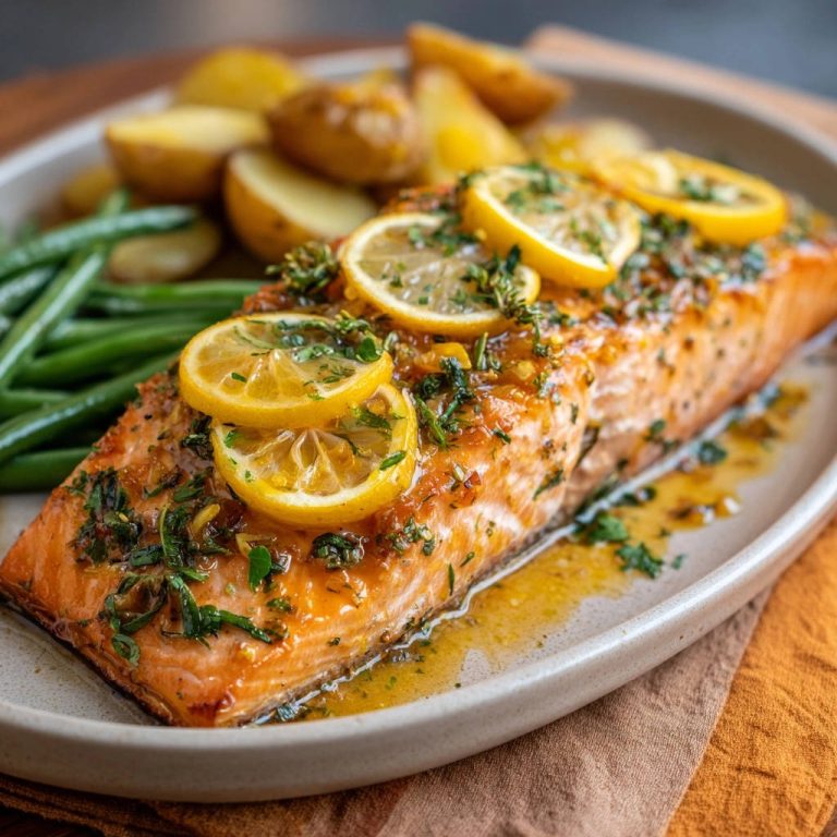 Saftiger Zitronen-Kräuter-Lachs serviert mit Ofenkartoffeln und grünen Bohnen, garniert mit Zitronenscheiben und Kräutern auf einem Teller.