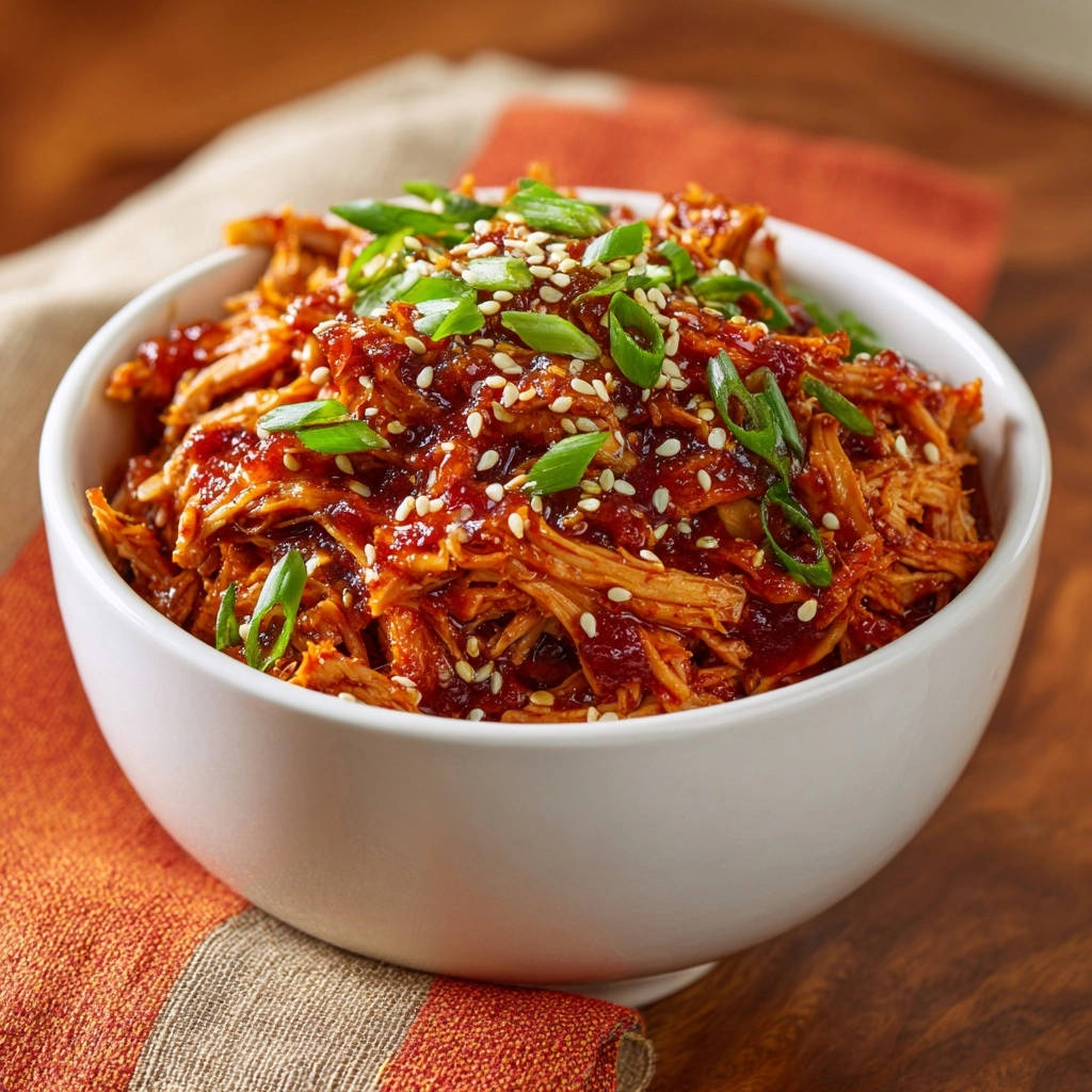 Saftiges Hähnchen in asiatischem BBQ-Style, serviert in einer weißen Schüssel, garniert mit Sesam und frischem Schnittlauch.