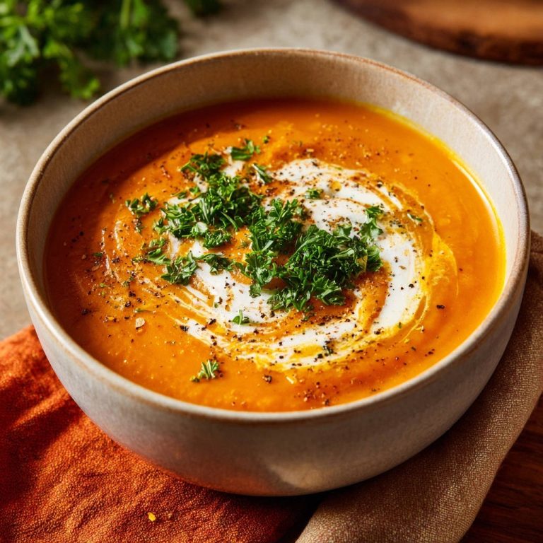 Samtige Kürbiscremesuppe, serviert in einer Schüssel mit einem Swirl aus Sahne und frischer Petersilie, aus nächster Nähe betrachtet.