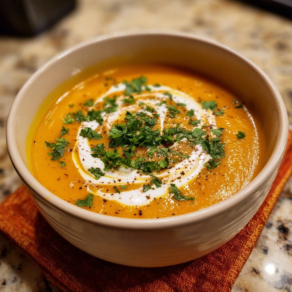 Samtige Kürbiscremesuppe serviert in einer Schüssel, garniert mit einem Sahnewirbel, frischem Grün und Pfeffer.