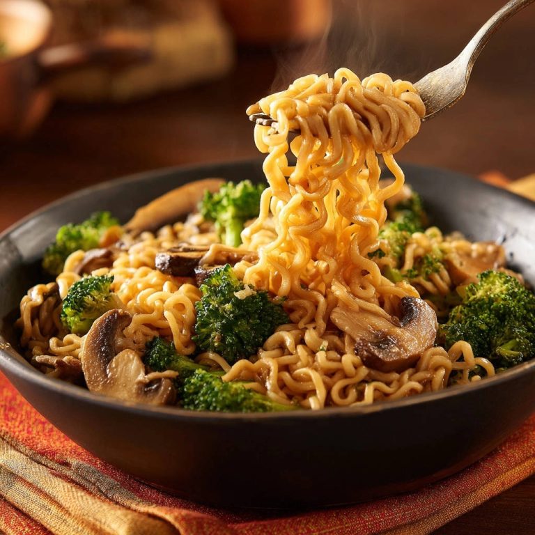Schnelle Ramen-Pfanne mit Brokkoli & Pilzen, die dampfend von einer Gabel gehoben wird, zeigt die perfekt gegarten Nudeln.