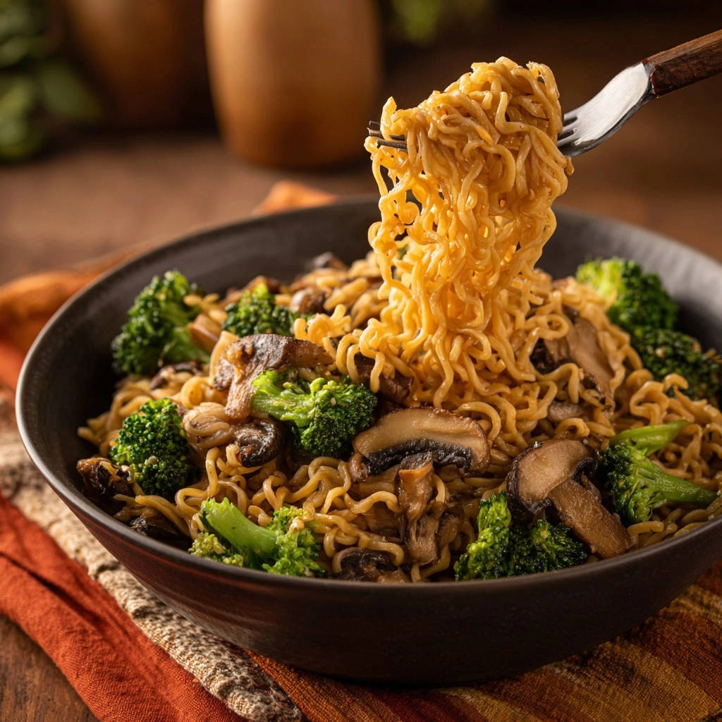 Schnelle Ramen Pfanne Mit Brokkoli Und Pilzen Nudeln Am Gabe 1 Schnelle Ramen-Pfanne mit Brokkoli & Pilzen, serviert in einer Schüssel, Nudeln werden von einer Gabel gehoben. Das Gericht ist fertig zum Genießen.