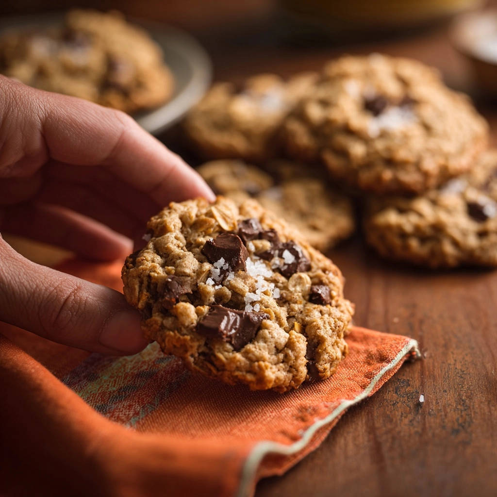 Schokoladen-Hafer-Cookies in Nahaufnahme, handgehalten, mit groben Salzflocken und Schokoladenstücken, die auf einem orangefarbenen Tischtuch liegen.