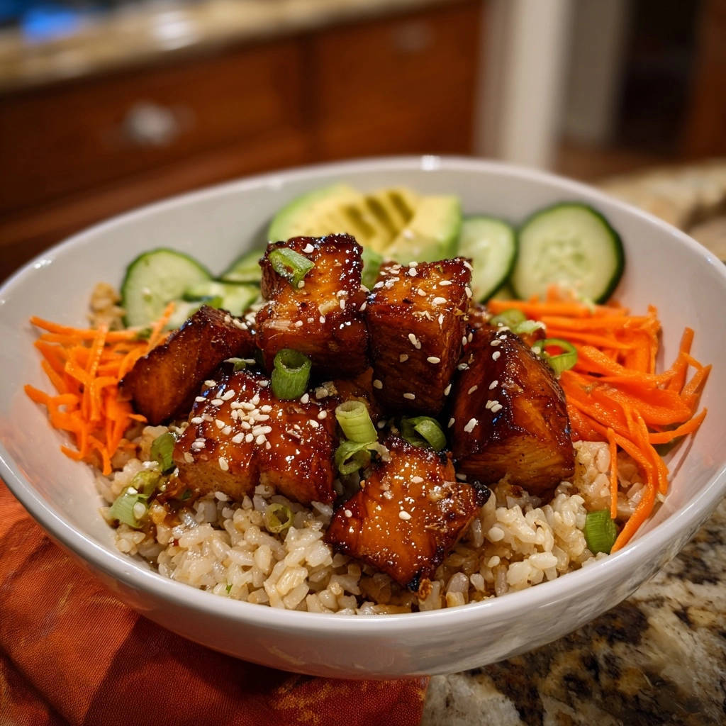 Sesam-Tofu Bowl mit Teriyaki-Glasur in Nahaufnahme: Die knusprigen Tofuwürfel sind mit Sesam bestreut und glänzen.