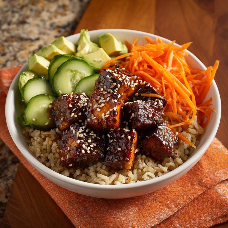 Sesam-Tofu Bowl mit Teriyaki-Glasur in Nahaufnahme, serviert mit frischem Gemüse und braunem Reis, perfekt für ein gesundes Mittagessen.