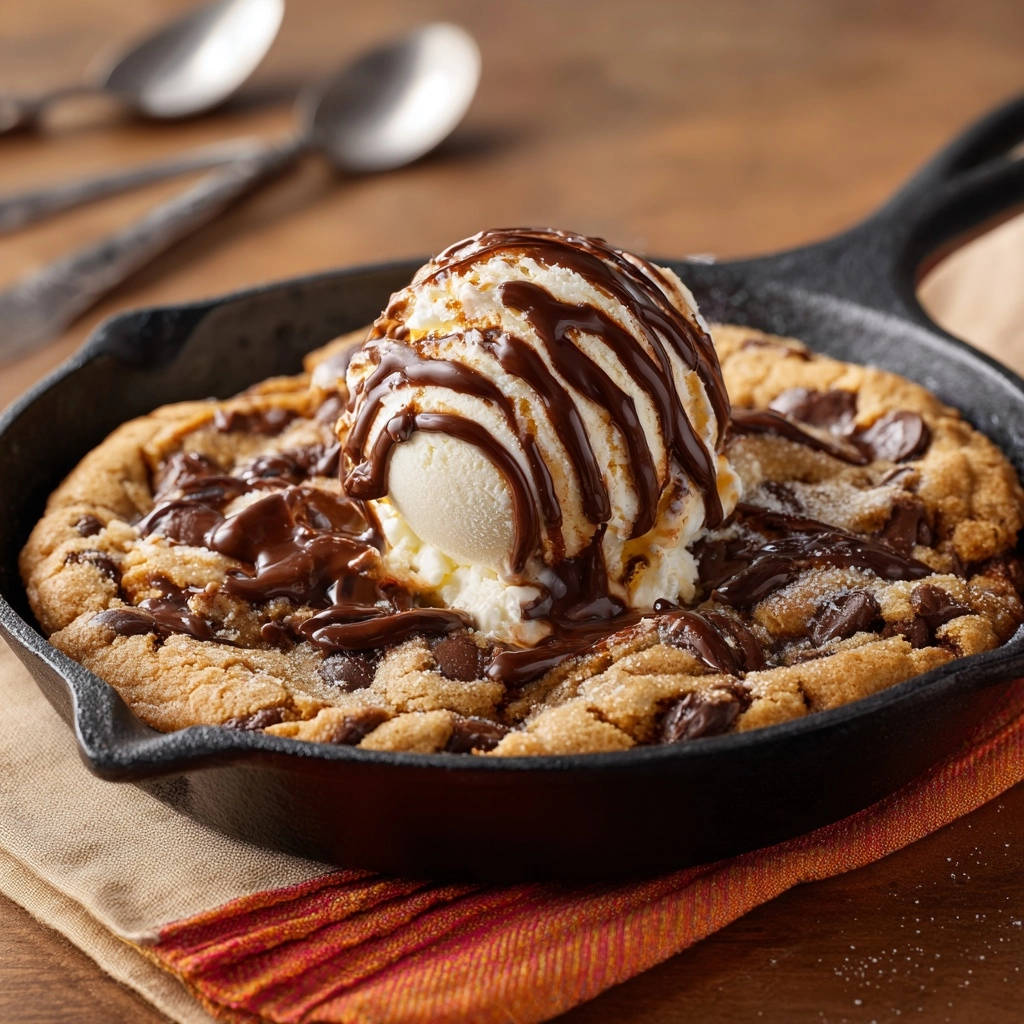 Skillet Chocolate Chip Cookie Mit Eiscreme Draufsicht 1 Skillet Chocolate Chip Cookie mit Vanilleeis, bedeckt mit Schokoladensauce, in einer gusseisernen Pfanne serviert, von oben betrachtet.
