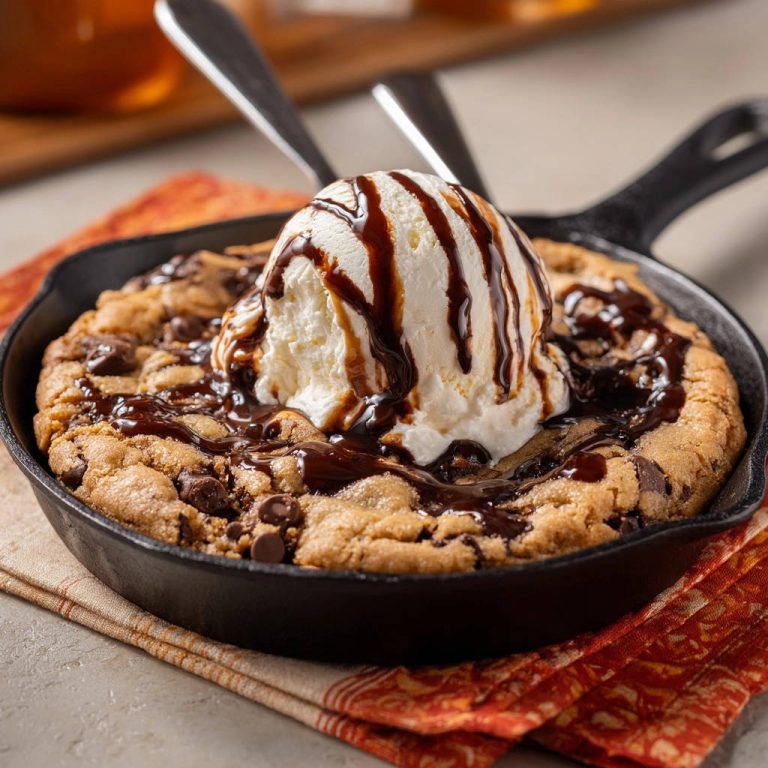 Skillet Chocolate Chip Cookie serviert mit einer Kugel Vanilleeis und Schokoladensauce, ein unwiderstehlicher Genuss.