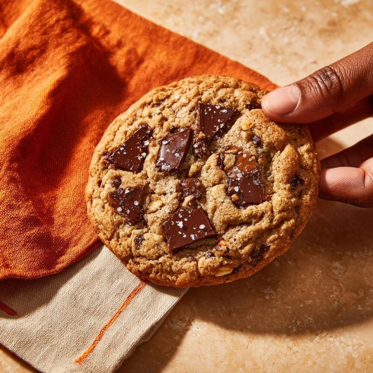Die ultimativen Schokoladen-Hafer-Cookies in Nahaufnahme betrachtet, mit groben Schokoladenstücken und Meersalzflocken auf der Oberfläche.