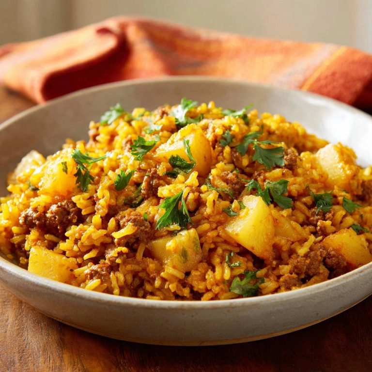 Würziger Hackfleisch-Kartoffel-Reis, serviert in einer Schüssel, mit frischer Petersilie garniert und von oben fotografiert.
