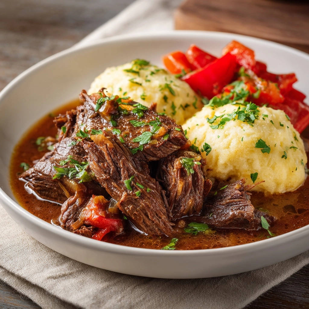 Zartes Rindfleisch Schmorgericht Mit Pueree Serviert 1 Zartes Rindfleisch-Schmorgericht mit Paprika und cremigem Püree, serviert in einer weißen Schüssel, garniert mit frischer Petersilie.