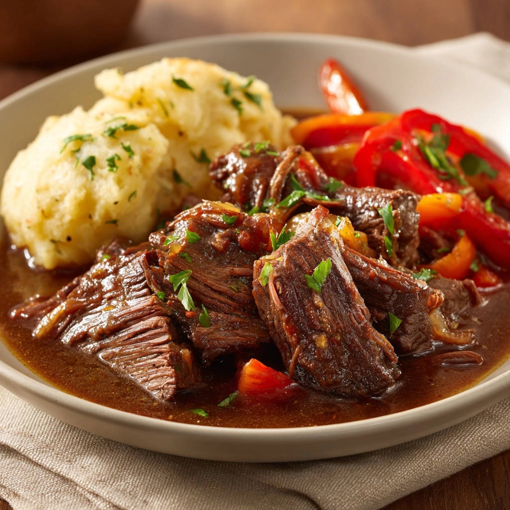 Zartes Rindfleisch-Schmorgericht mit Paprika, serviert auf einem Teller mit cremigen Kartoffelpüree und frischen Kräutern garniert.