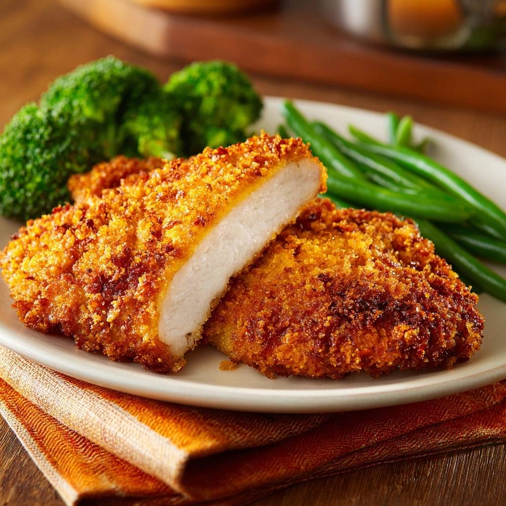 Knuspriges Paniertes Hähnchen mit Brokkoli und Bohnen