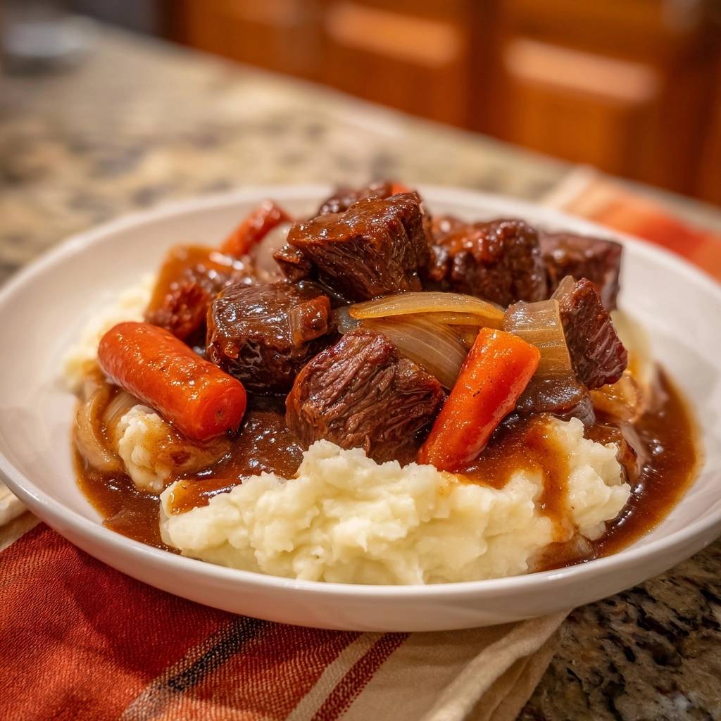 Butterzartes Rindergulasch mit Karotten und Zwiebeln auf cremigem Püree