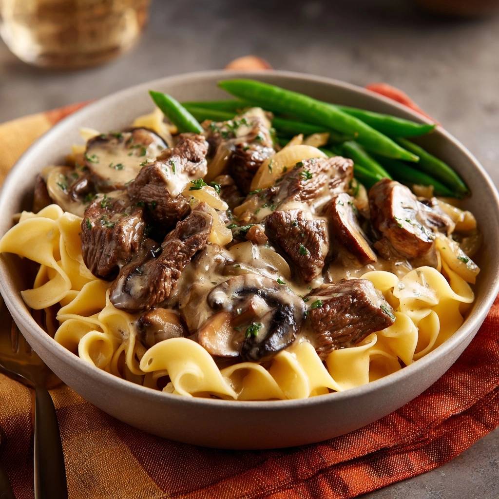 Saftiges Rindergeschnetzeltes mit Pilzen in Sahnesoße zu Bandnudeln