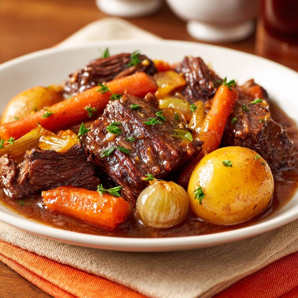 Rustikales Rindergulasch mit Lauch und Perlenzwiebeln